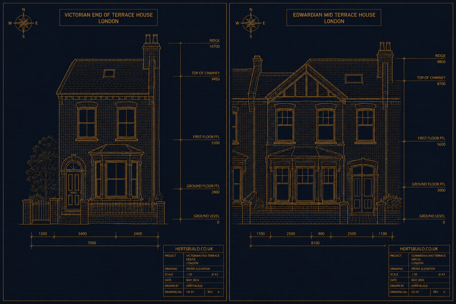 Elevation drawings of a Victorian end-of-terrace and Edwardian mid-terrace house showing roof lines suited to loft conversions in Barnet
