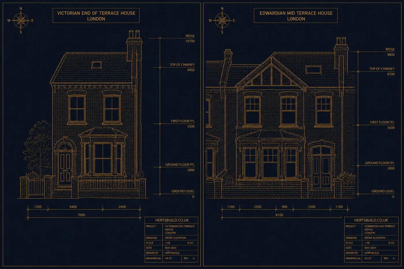 Herts Build measured elevation drawings of a Victorian end-of-terrace and an Edwardian mid-terrace house, typical of Barnet and the Hertfordshire border